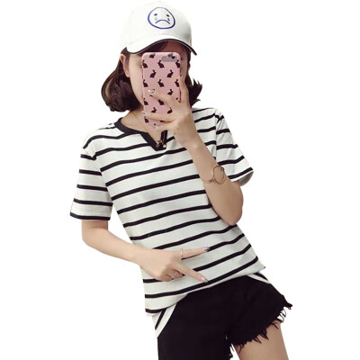 

Striped T Shirt Women Summer Casual Striped T-Shirt Loose Print Retro V Collar Short Sleeved Simple Wild Short Tops