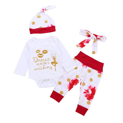 

Summer Baby Girl Adorable 4pcs Set Long Sleeve Romper&Dot Print Trousers with Hat&Headband Children Outfits Clothes