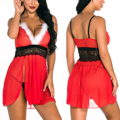 

Gobestart New Christmas Lingerie for Women Sexy Lace Nightdress Sleepwear With Thong Set
