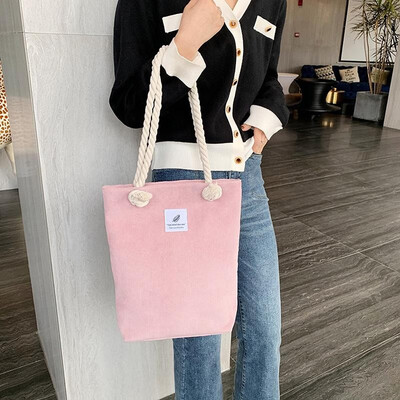 

Women Corduroy Shoulder Bag Shopping Totes Large Capacity Zipper Top Vintage Holiday Casual Handbag