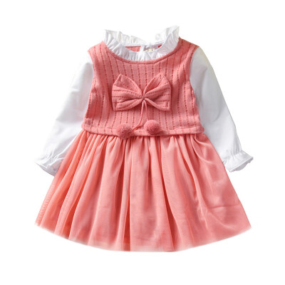 

Autumn Casual Baby Girls Bowknot Design Long Sleeve Fake 2 Piece Mesh Dress Kids Princess Sundress 2019