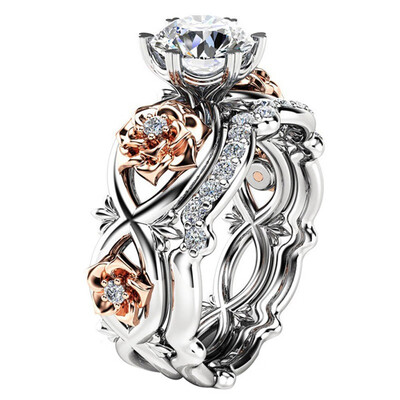 

2 PcsSet NewZircon Engagement Rings For Women Rose Gold Color Wedding Rings Female Gold-plated Couple Ring Jewelry High Quality