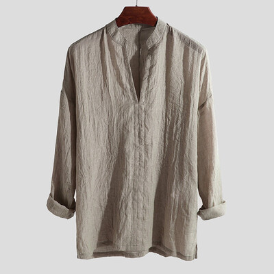 

Toponeto Mens Causal Shirt Breathable Long Sleeve Loose Solid Color V-Neck Top Blouse