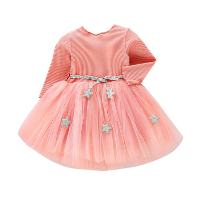 

2019 Spring Autumn Baby Kids Girls Dress Casual Sweet Long Sleeve Top Star Decoration Bowknot Belt Bubble Mesh Princess Dress