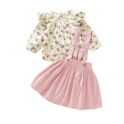 

Spring Autumn Casual Fashion Baby Girl Floral Printing Long Sleeve Top And Suspender Skirt Setss