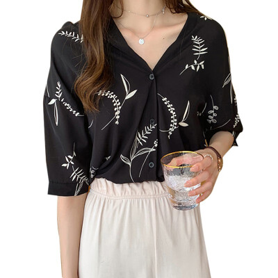 

Women Blouses 2019 Fashion Leaves Print V Neck Chiffon Blouse Tops Ladies Shirts Women Casual Half Sleeve Blusas Chemisier Femme