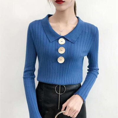 

women sweater autumn turn-down collar long sleeve winter clothes Korean style new knitted casual solid elegant Pullover