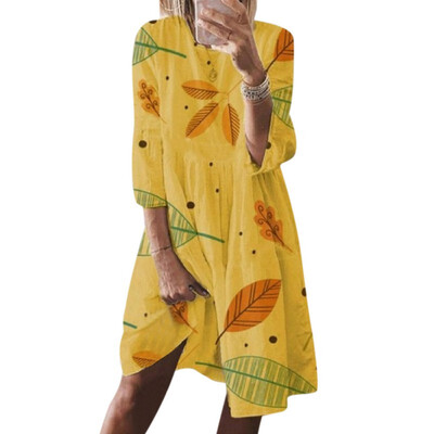 

Vestidos Casual Autumn Women Dress Chiffon Seven-point Sleeve Round Neck Loose Casual Print High Waist Ethnic Style Simple Dress