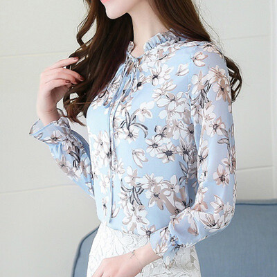 

2018 Summer Floral Print Chiffon Blouse Ruffled Collar Bow Neck Shirt Petal Short Sleeve Chiffon Tops Plus Size Blusas Femininas