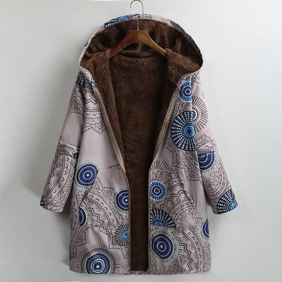 

Women Vintage Loose Hooded Coat Plus Size Printed Fleeces Lining Zip Up Winter Warm Parka Casual Long Overcoat Outwear