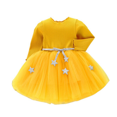 

2019 Spring Autumn Baby Kids Girls Dress Casual Sweet Long Sleeve Top Star Decoration Bowknot Belt Bubble Mesh Princess Dress