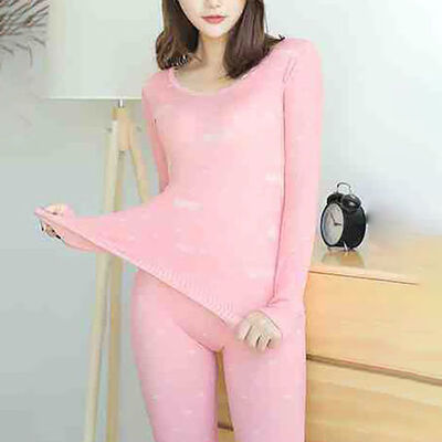 

Women Pajama Autumn Winter Warm Lace Round Neck Thermal Long Thin Section Sets Lined 2 Pcs Underwear Top & Bottom Pajama