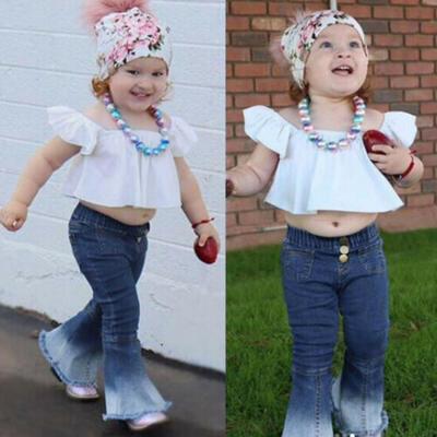 

2pcs Toddler Kids Girls Outfits Clothes Off Shoulder Crop TopsJeans Pants Set