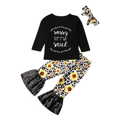 

3pcs Toddler Baby Girl Leopard Outfit Little Sister T-Shirt Tops Sunflower Flares Pants Bell-Bottoms Headband Clothes