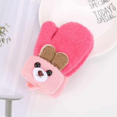 

Cute Cartoon Bear Baby Gloves Winter Wool Plus Thick Full Rope Finger Mittens Warm Knitted Gloves