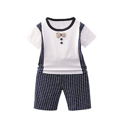 

Summer Kids Boys Short Sleeve Bow Tie Tops Blouse T-shirtPlaid Shorts Children Casual Outfits Sets Childrens Clothing