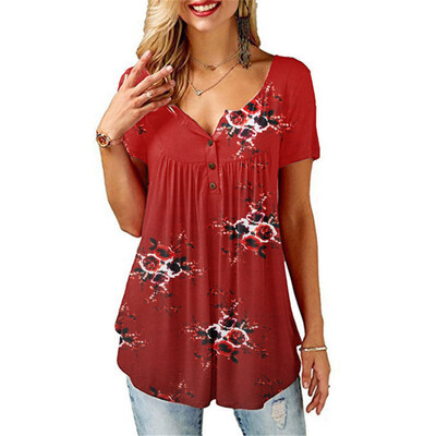 

Summer Women Flower Print Button V Neck Short Sleeve T-Shirt Pleated Loose Top