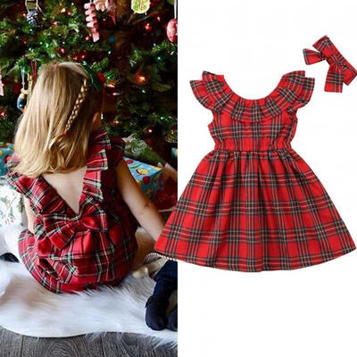 

Xmas Baby Girl Princess Dress Kids Bow Checked Tutu Party Wedding Dress