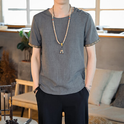 

Toponeto Men Vintage Baggy Embroidery Linen Solid Short Sleeve Retro T Shirts Tops Blouse