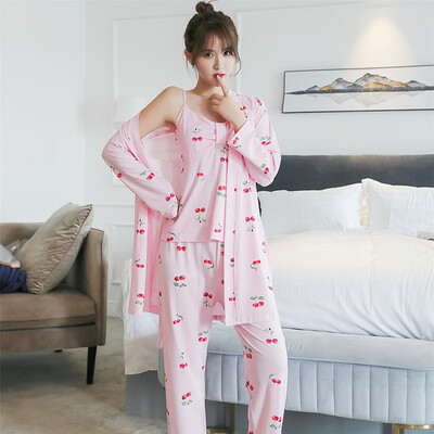 

Woman Autumn Sexy Pajamas Set Printed Sling Sleepwear 3 Peices Long Sleeves Soft Comfort Homewear Sexy Robe Sleepwear