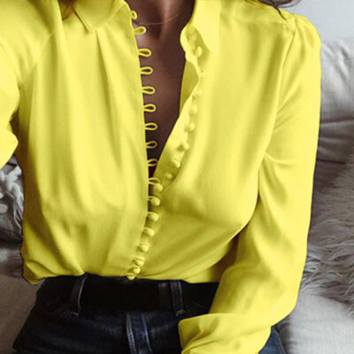 

Fashion Casual Solid Color ladies office Tops Sexy Buttons Long sleeve Blouse 2019 new Spring Women Chiffon white Shirt