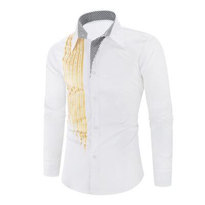 

Toponeto Mens Autumn Splicing Business Leisure Printing Long-sleeved Shirt Top Blouse