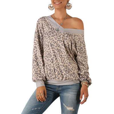 

Women Long Sleeve T-shirt Casual Sexy Skew Collar Print Loose Basic Tops