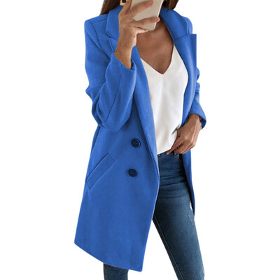 

Women Autumn Winter Casual Double Breasted Top Coat Solid Color Lapel Long Button Wool Outwear Fashion