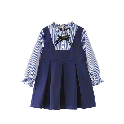 

Baby Girls Dress Cute Striped Print Bow Fake Two Piece kids Dress For Girls Clothes Long-Sleeved Sweet Dress
