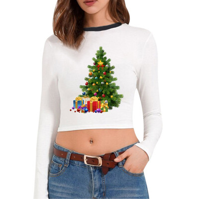 

Christmas T-shirt Santa Claus Christmas Tree Print Multiple Choices Long-Sleeve Cropped tshirt New Hot Women Clothes