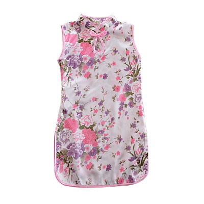 

WEIXINBUY Chinese Style Dress Girls Sweet Princess Dresses Cute Sleeveless Floral Print Vestidos