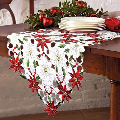 

Gobestart Christmas Embroidered Table Runner Poinsettia Holly Leaf Table Linens Decoration