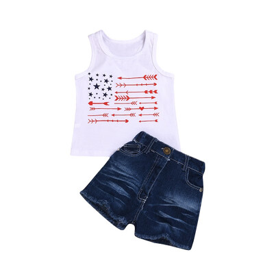 

1-7T Summer Baby Girls Sleevless Letter Print Vest TopsDenim Shorts Suits Casual Outfits Sets
