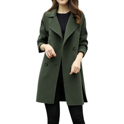 

Women Winter Fashion Woolen Coat Solid Color Lapel Double-breasted Casual Long Sleeve Warm Wool Slim Coat