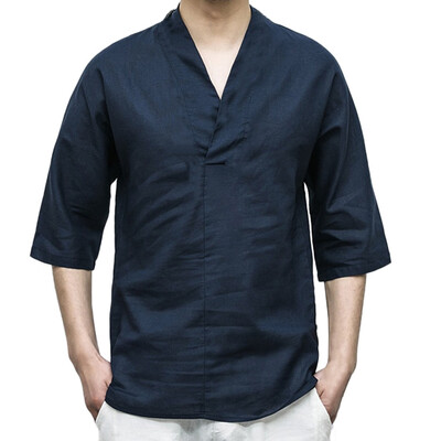 

Tailored Men Linen Patchwork Seven-Minute Sleeve Solid Color Loose V neck Blouse T Shirt