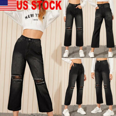 

US Womens High Waist Straight Wide Leg Pants Denim Jeans Ripped Loose Trousers