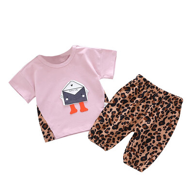 

Baby Girls Clothes Cartoon Robot Print Tops T-shirtLeopard Pants For Girls Children Casual Outfits Sets