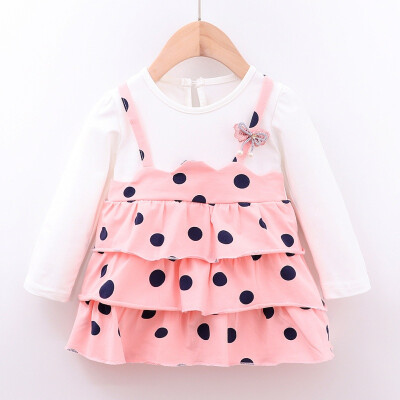 

NEW Autumn Casual Baby Girls Fake 2 Piece Dot Pattern Long Sleeve Dress Kids Toddler Pageant Sundress Dresses For Girls