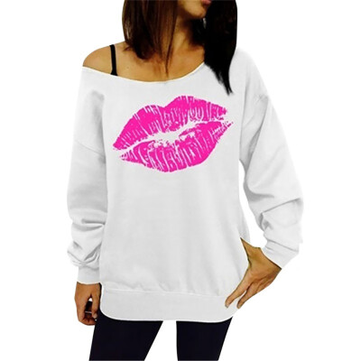 

fashion Hoodies Women Sweatshirt Casual Sexy Lip Print Pullover Inclined Shoulder Long Sleeve Top