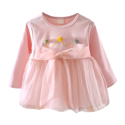 

Spring Autumn Girls Dress 1Y-4Y Long Sleeve Crown Mesh Design Dress Casual Pageant Kids Toddler Baby Girl Princess Dresses