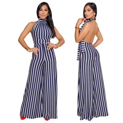 

Large size 2019 Amazon standard code Europe&the United States hot sexy striped tie bare back wide leg jumpsuit explosion1