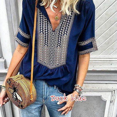 

Fashion T Shirt Women Bohemian Loose Comfortable Tshirt Summer V-Neck Half Sleeve Geometric Print Top Tee Casual Haut Femme