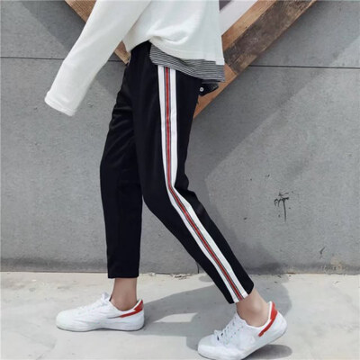 

Black Tape Side Casual Leggings Women Elastic Waist Drawstring Long Pants Spring Active Workout Lace Up Leggings trousers