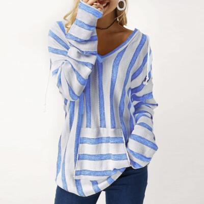 

Tailored Fashion Women Leisure Striped Print Long Hooded Strappy Sleeve V-Neck Tops