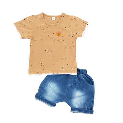 

Summer Kids Boys Clothes Set Short Sleeve Print Tops Blouse T-shirtDenim Shorts Children Casual Outfits Sets