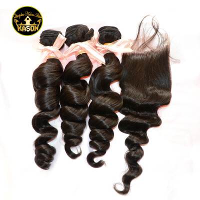 

Kason Grade 8A Brazilian Virgin Hair With Closure Loose Wave Human Hair 3 Bundles With Lace Closure Swiss Lace 4*4 Size 130% Densi