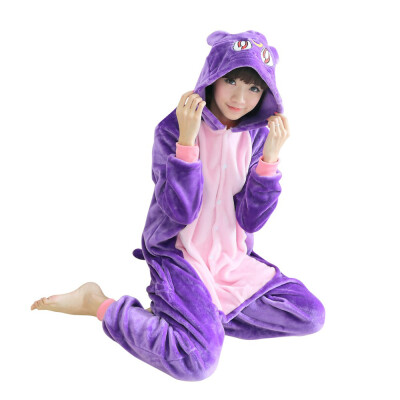 

Women Man Flannel Cartoon Animal Siamese Pajamas Couples Home Clothes -Purple Cat