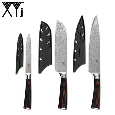 

XYj Stainless Steel Knives Set 3PCS Knife Covers Damascus Pattern Blade Meat Chef Santoku Utility Knives