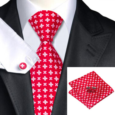 

N-0445 Vogue Men Silk Tie Set Red Floral Necktie Handkerchief Cufflinks Set Ties For Men Formal Wedding Business wholesale