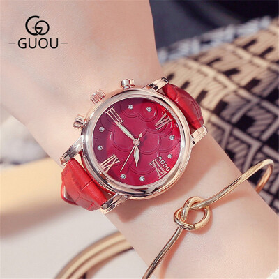 

GUOU Women Delicate Gold Quartz Watch Leather Strap Wrist Watch Ladies Elegant Dress Watch